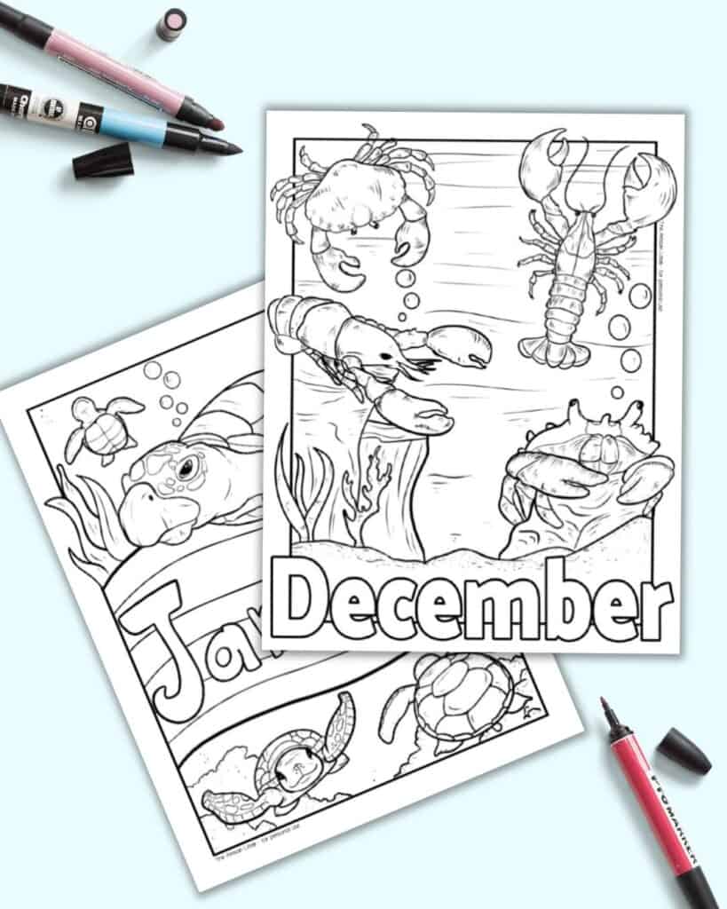 A preview of printable monthly calendar dividers with January and December