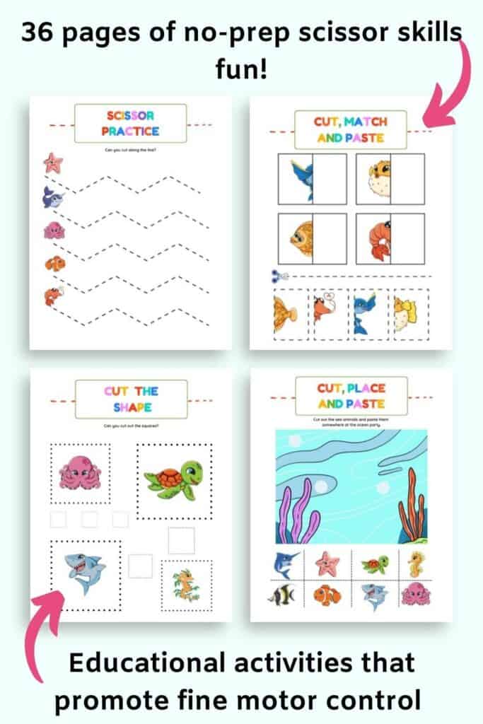 Text "36 pages of no-prep scissor skills fun" and "educational activities that promote fine motor control' with a preview of four sea animal themed scissor skills pages 