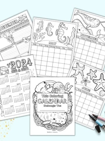 A preview of six printable calendar/planner pages with an undersea ocean theme