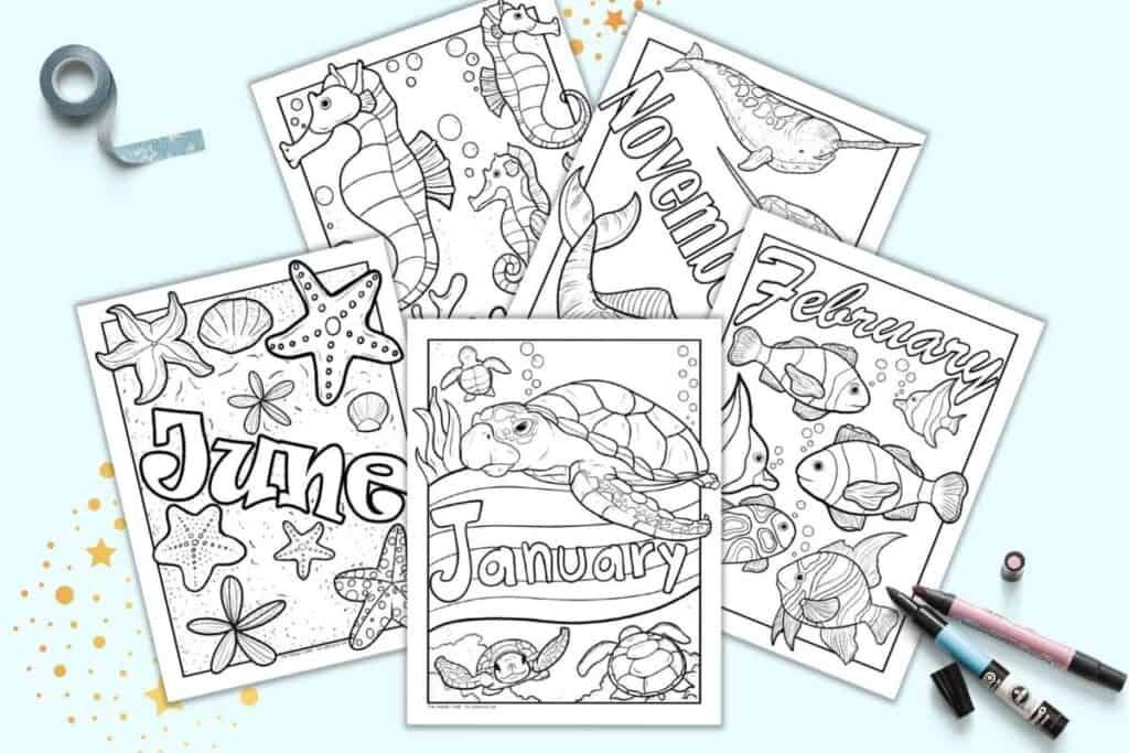 A preview of five ocean themed planner divider pages with a month's name and sea animal coloring elements on each sheet