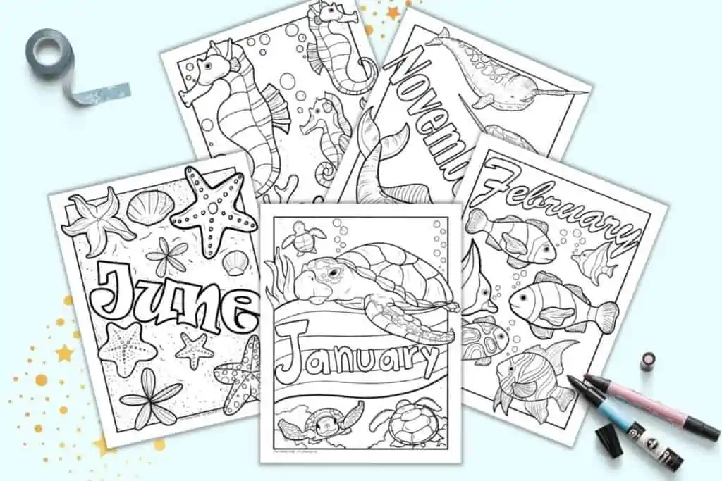 A preview of five ocean themed planner divider pages with a month's name and sea animal coloring elements on each sheet