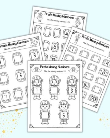 A preview of four pages of pirate themed missing number printable for preschoolers