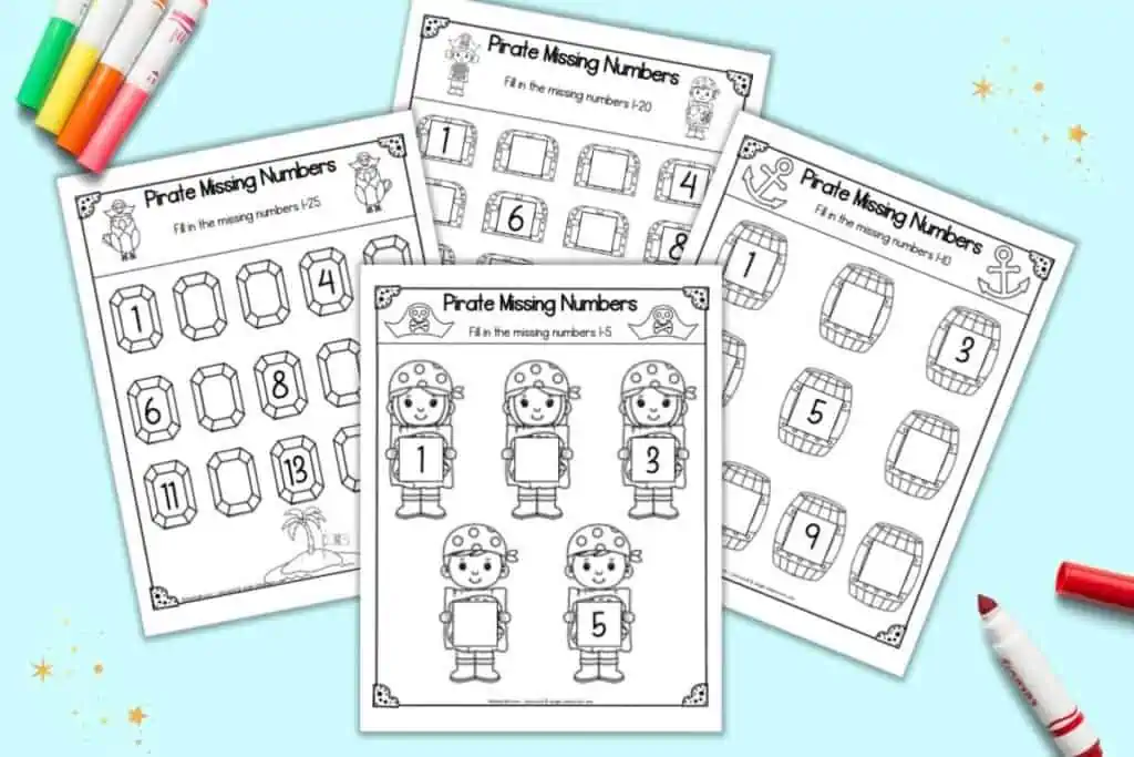 A preview of four pirate themed missing number printables. One page has 1-5, another 1-10, the fourth 1-15, and the last 1-20