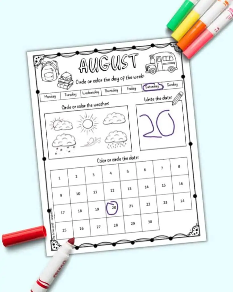 A preview of a printable August worksheet calendar for kids. The calendar allows a child to circle the date and day of the week, write the date, and color the weather. Saturday and 20 are circled in purple.