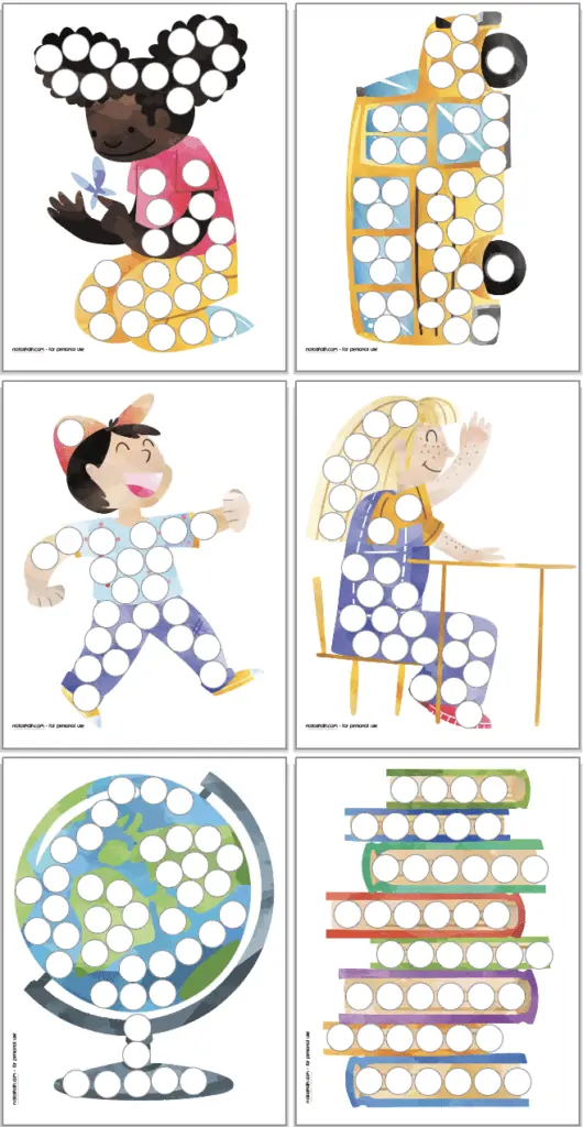 A preview of six school themed dot marker pages with a bus, three children, a globe, and a stack of books