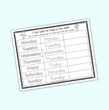 A preview of a tracing worksheet with the days of the week
