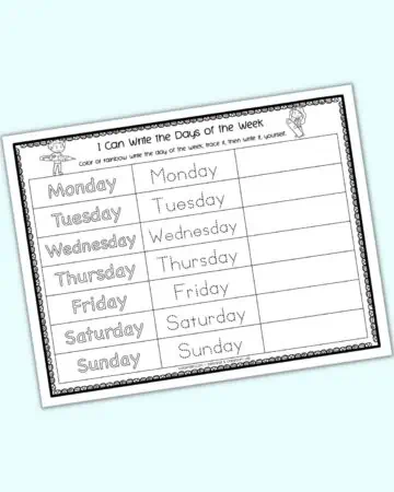 A preview of a tracing worksheet with the days of the week