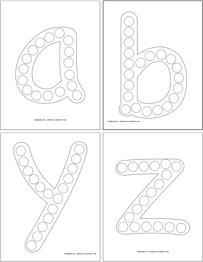A preview of four printable lowercase alphabet dot marker pages. Each page has a lowercase letter with circles to fill in. Letters are a, b, y, and z