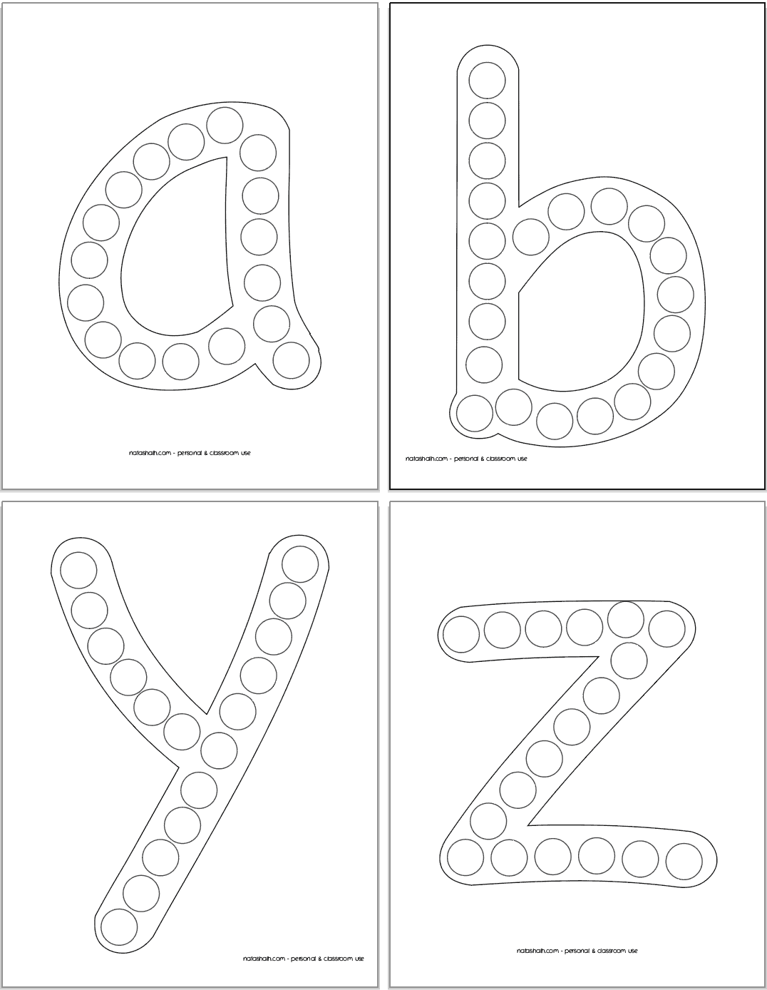 A preview of four printable lowercase alphabet dot marker pages. Each page has a lowercase letter with circles to fill in. Letters are a, b, y, and z