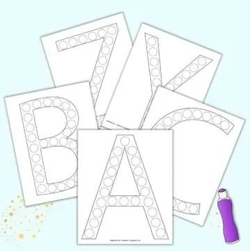 a preview of uppercase letter dot marker coloring pages with A, B, C, Y, and Z