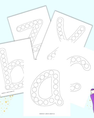 A preview of lowercase alphabet dot marker pages with a, b, c, y, and z