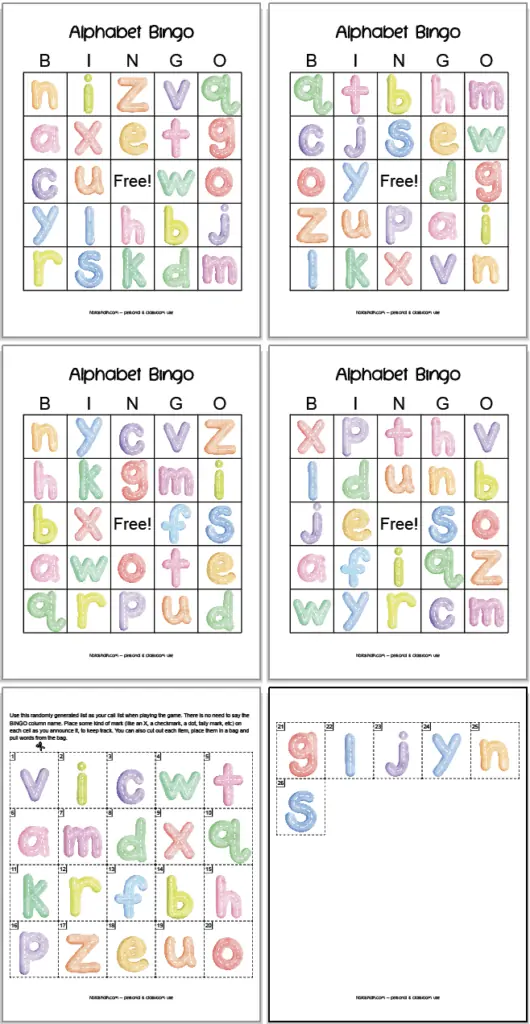 A preview of four pages of lowercase alphabet bingo and two sheets of calling cards