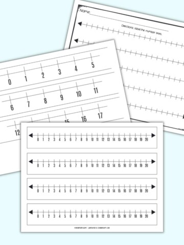 a preview of three pages of printable black and white 0-20 number lines