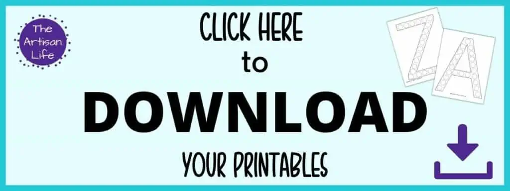 text "click here to download your printables" (uppercase alphabet dot marker pages)