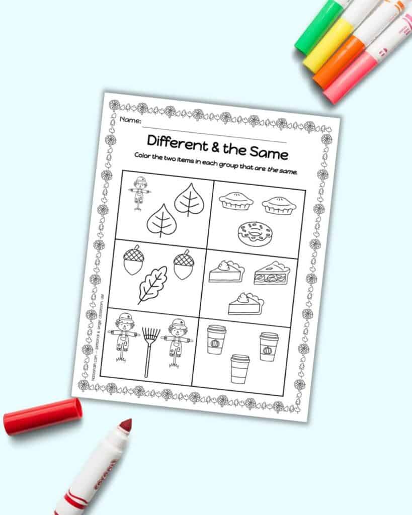 A preschool worksheet for a child to find the image that are the same
