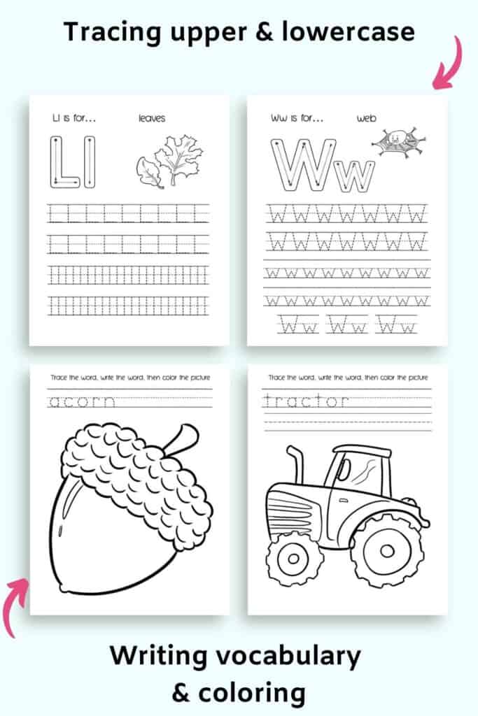 A preview of four fall themed alphabet tracing pages. Two pages have uppercase and lowercase letters to trace, two pages have vocabulary words and an image to color.