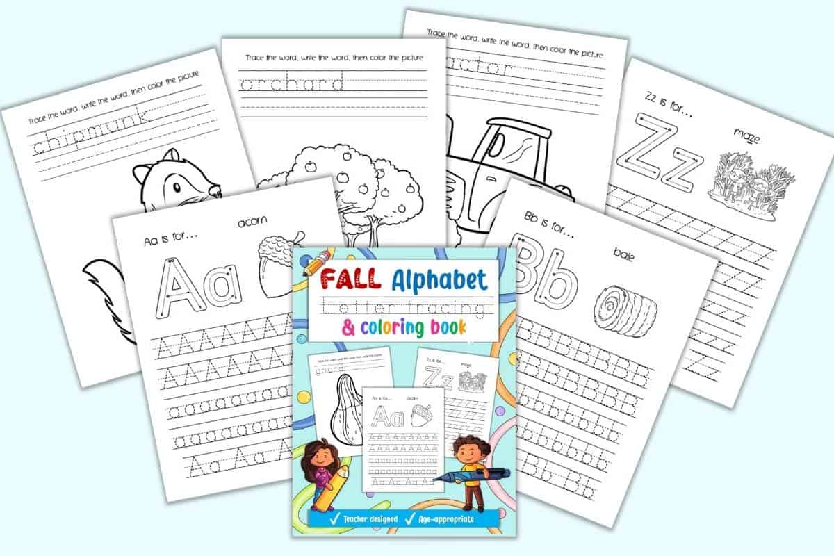 A preview of the front cover of and six pages from af all themed alphabet tracing and coloring book