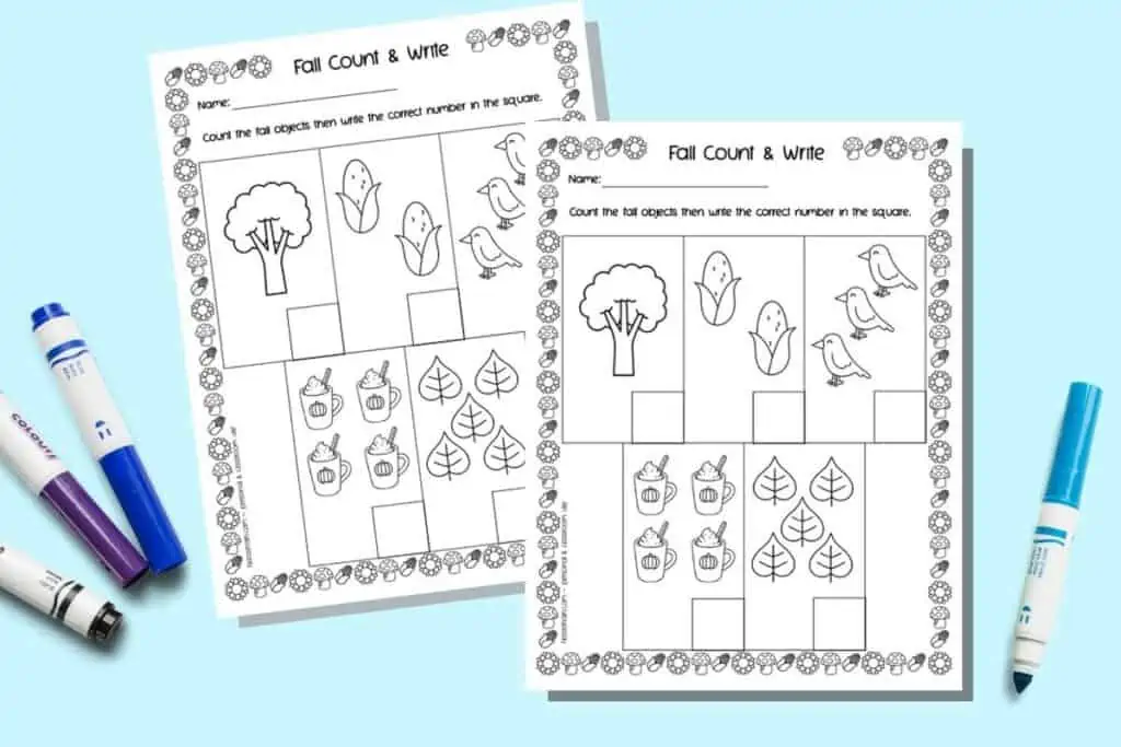 A preview of two pages of count and write pages with a fall theme. One page has 1-5 numbers and one page has 6-10.