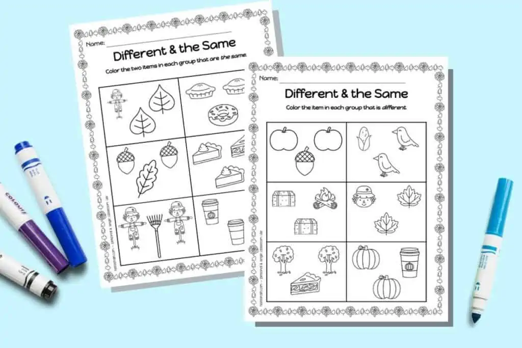 A preview of two different and the same worksheets for preschoolers with a fall theme