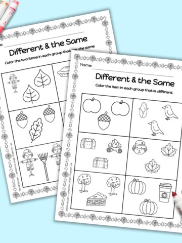 Two fall themed different and the same worksheets for preschool and pre-k