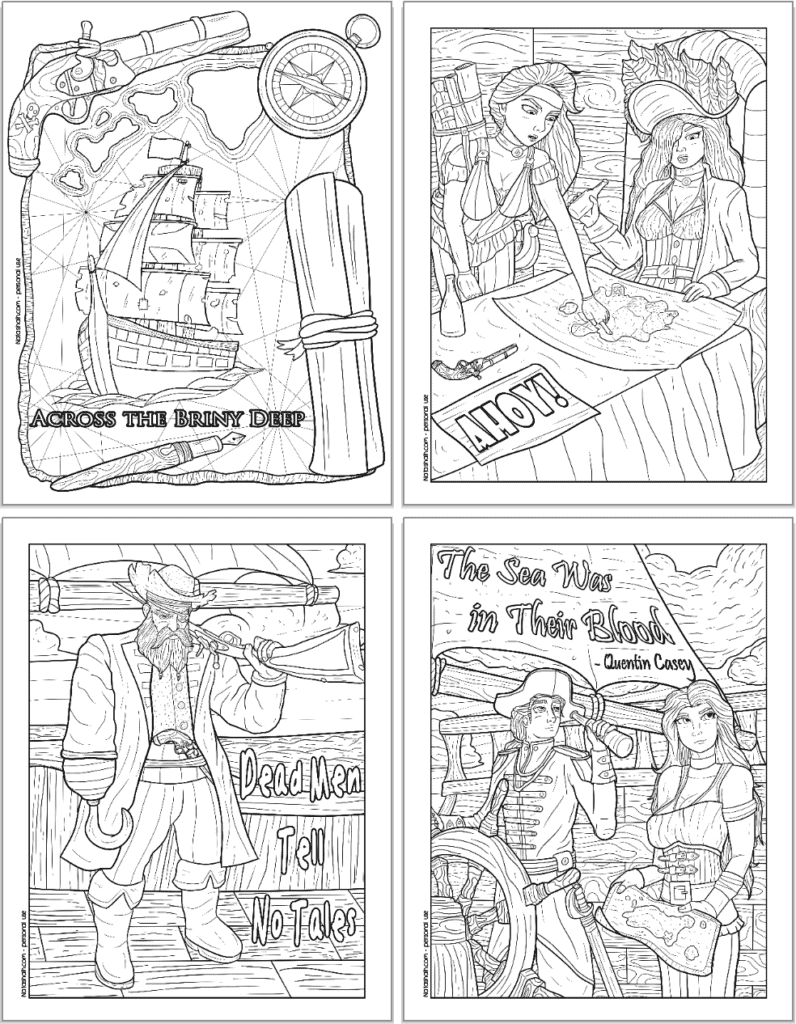 A preview of four pages of pirate themed coloring sheet for adults