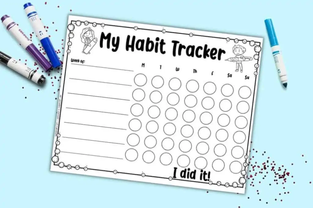 A preview of a black and white habit tracker for kids with space to tack 6 habits