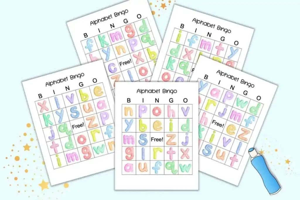 A preview of five pages of lowercase alphabet bingo for preschoolers