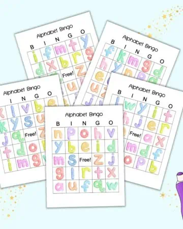 five pages of lowercase alphabet bingo cards for children