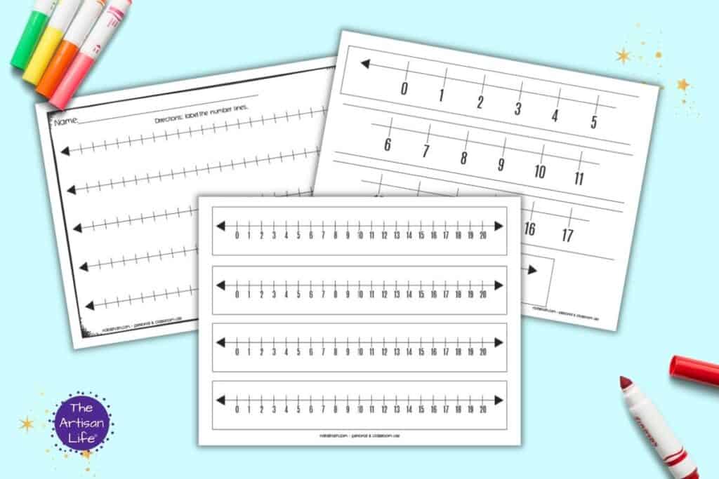 A preview of there sheets of free printable black and white 0-20 number lines. One page has four number lines on the sheet, another page has four lines of bulletin board number line, and the last page has five blank number lines to fill in.