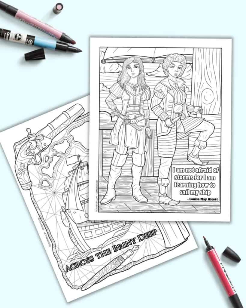 a preview of two pirate themed adult coloring pages