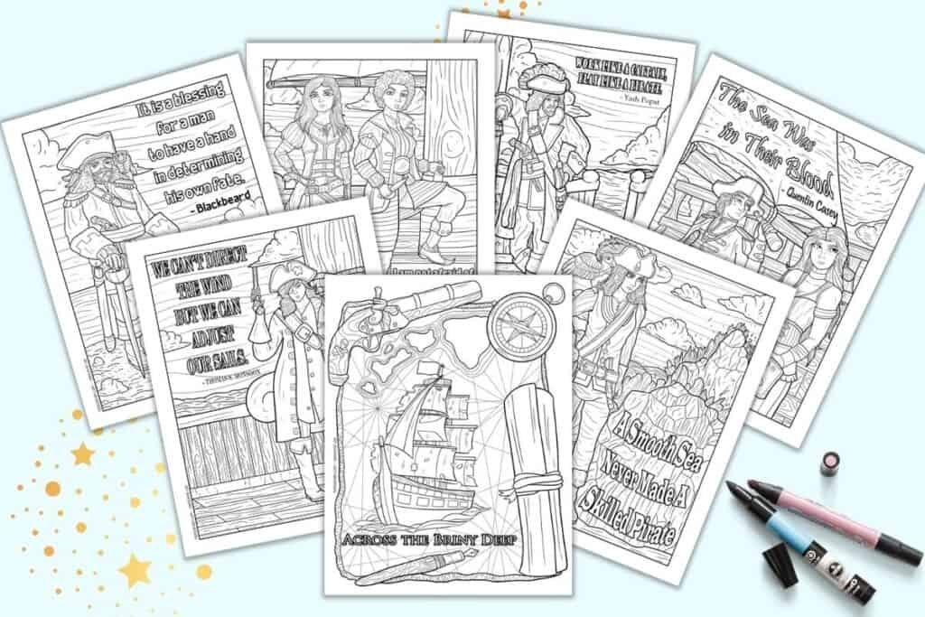 A preview of seven pirate themed coloring pages for adults
