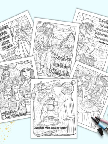 A preview of six pirate themed coloring pages for adults