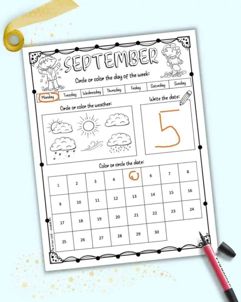 A preview of a printable September worksheet calendar for kids. The calendar allows a child to circle the date and day of the week, write the date, and color the weather. Saturday and 20 are circled in purple.
