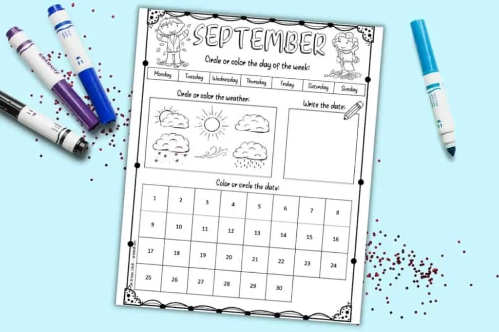 A preview of a September august calendar worksheet for kids with space to record the weather, day of the week, date, and write the date
