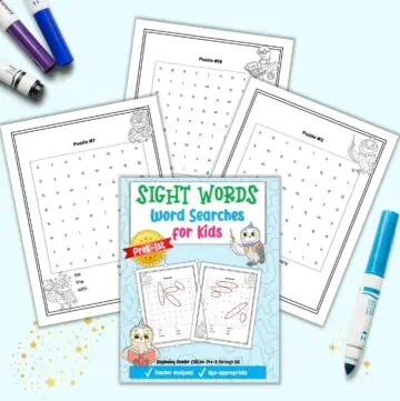 a preview of the front cover of and three interior pages from a sight words word search book for early readers