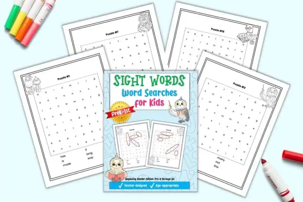 A preview of the front cover for a sight words word search activity book and four pages of easy word search puzzles for children preschool through first grade