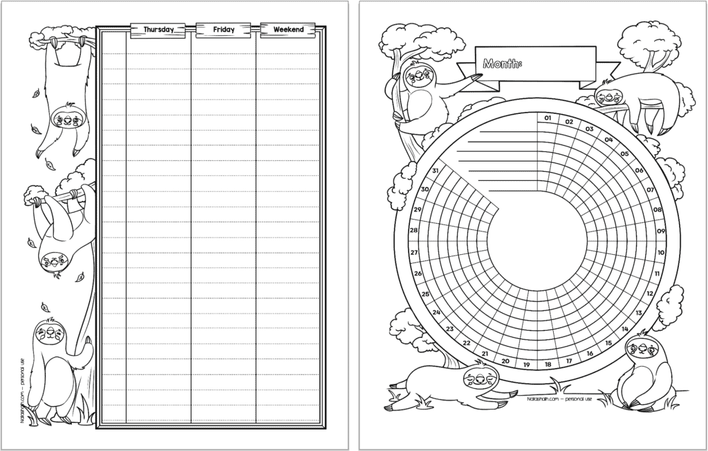 A preview of a habbit tracker planner page and Thursday-weekend weekly log with a sloth theme