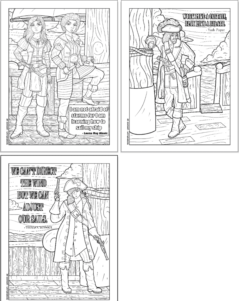 A preview of three pages of pirate themed coloring sheet for adults