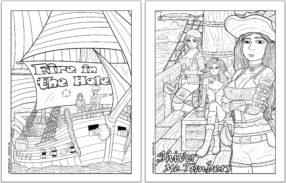 A preview of two pages of pirate themed coloring sheet for adults
