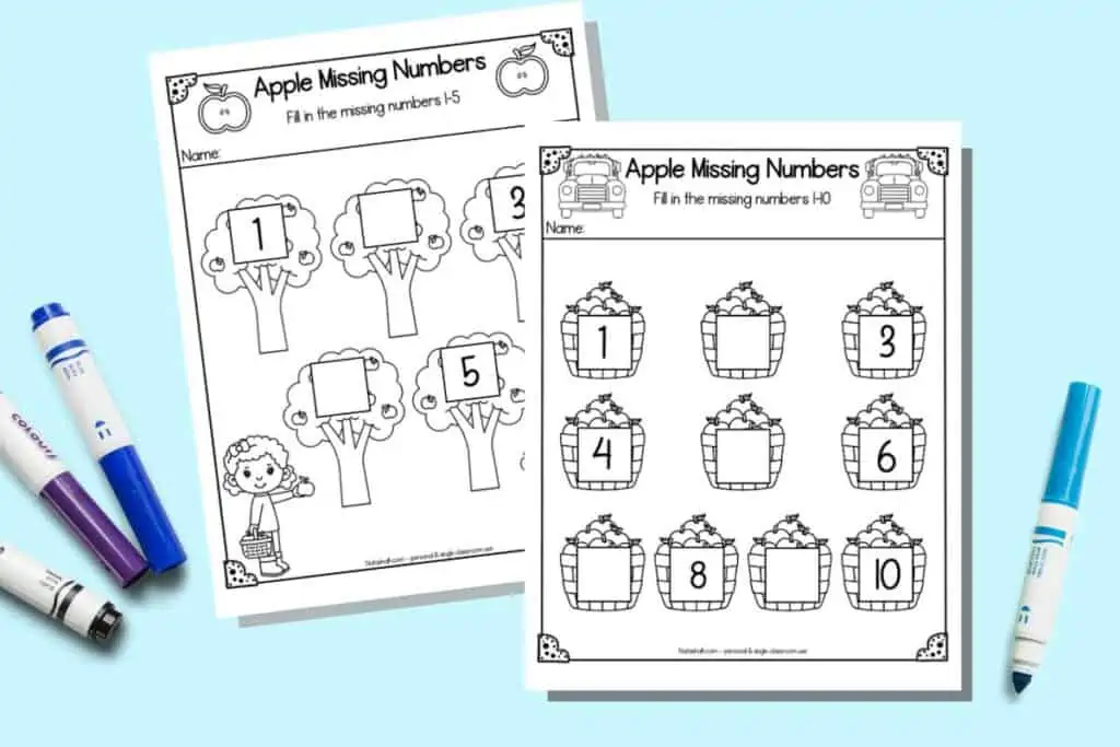 A preview of two missing number worksheets for preschoolers with an apple theme. The front page has umbers 1-10 and the page behind has 1-5.
