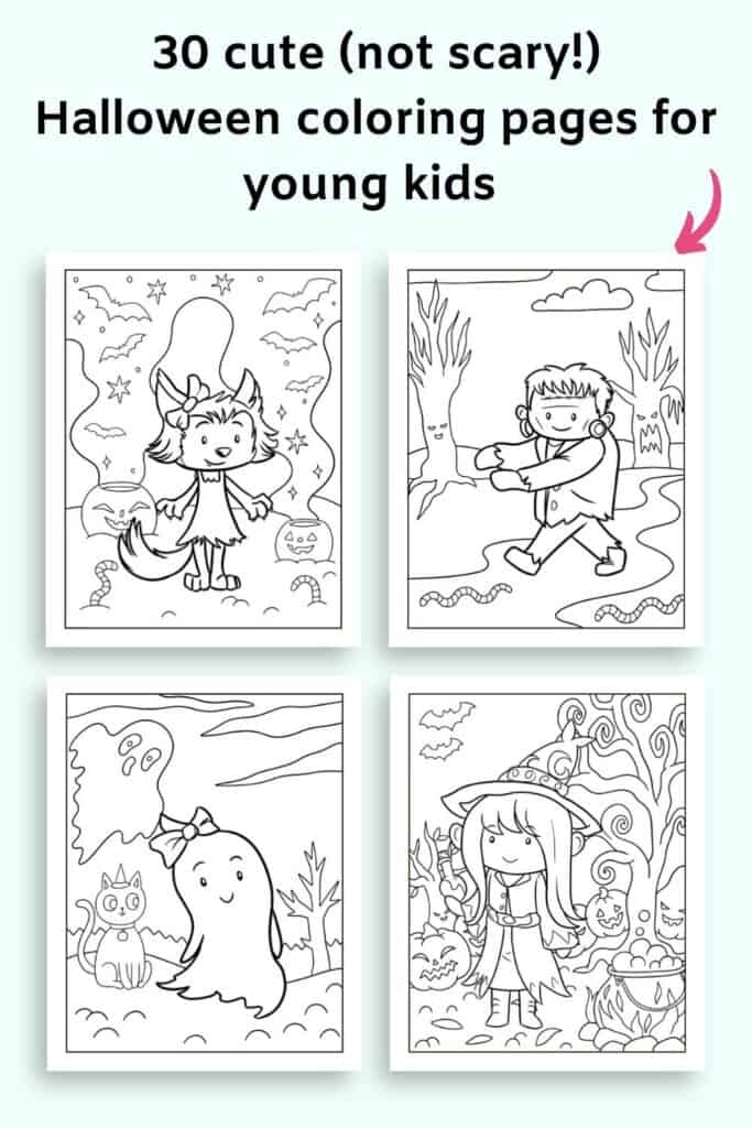 A preview of four interior pages from a cute Halloween coloring book for kids