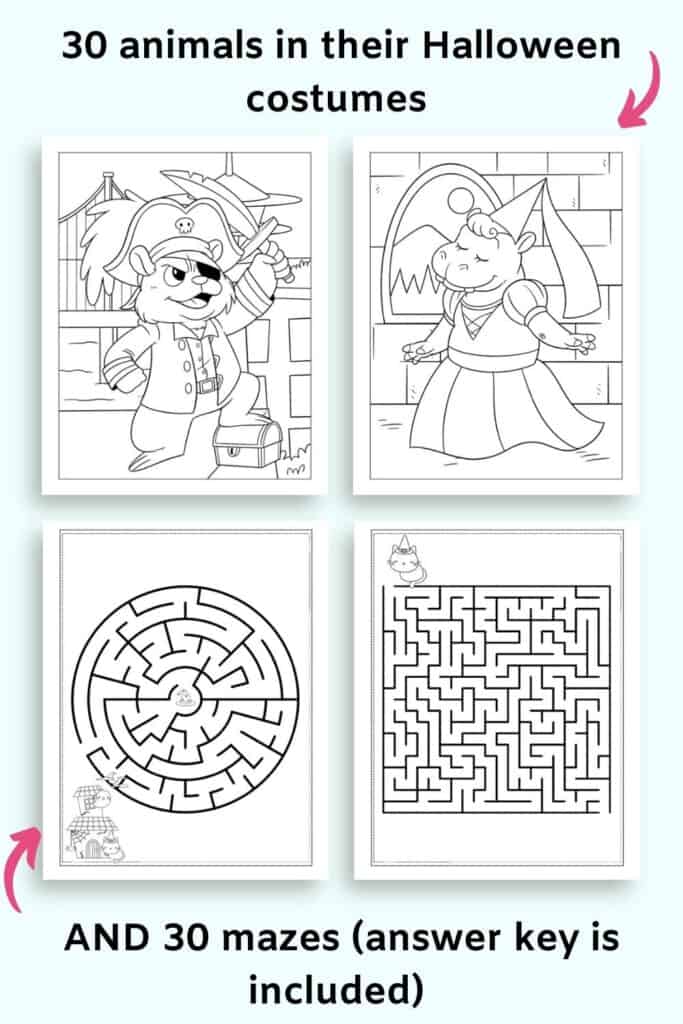 Text "30 cute animals in their Halloween costumes AND 30 mazes (answer key is included)
