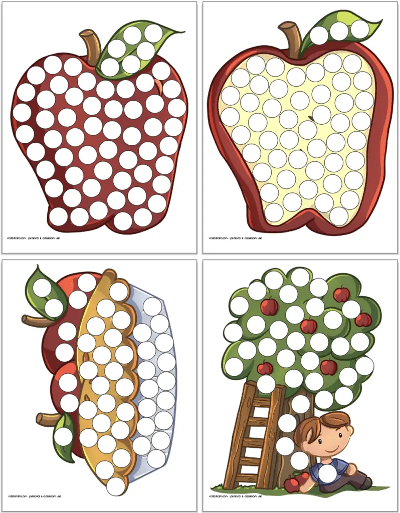 Four printable apple themed dot marker pages:two apples, an apple pie, and a boy sitting under an apple tree.