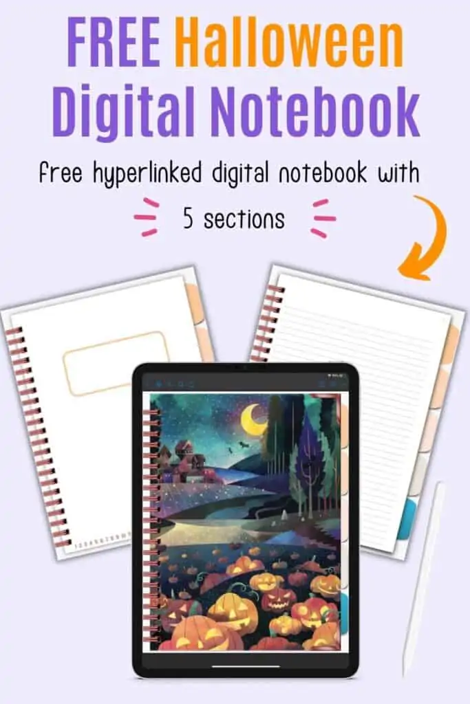 Text "free Halloween digital notebook - free hyperlinked digital notebook with 5 sections" and a preview of the front cover and two interior pages.