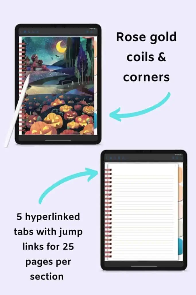 Text "rose gold coils & corners" and "5 hyperlinked tabs with jump links for 25 pages per section"