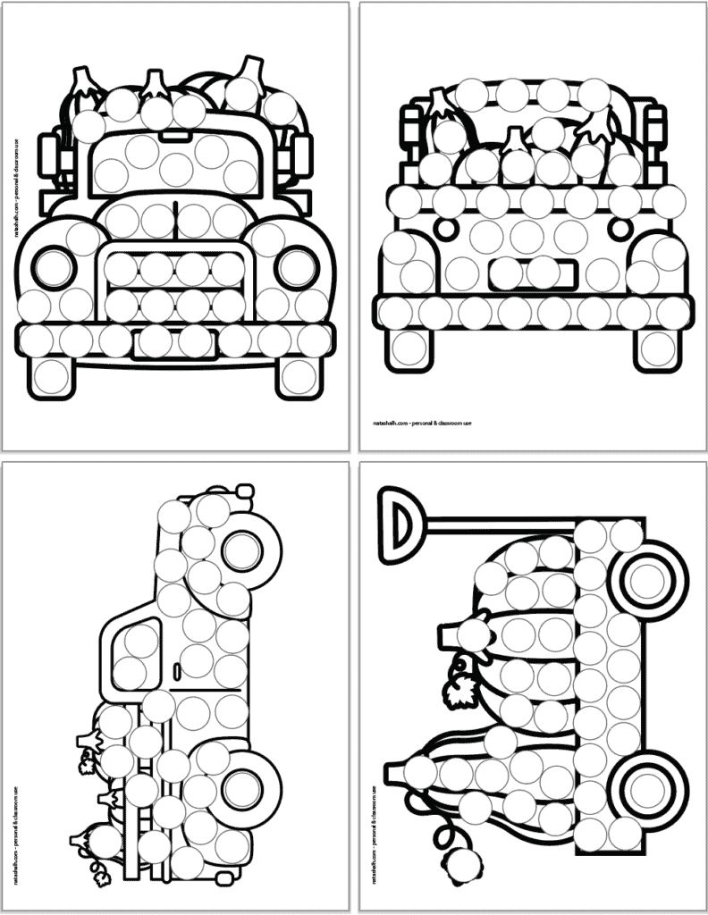 Four pumpkin patch themed dot marker pages. One is a wagon with pumpkins. There is also a pumpkin truck from the front, back, and side