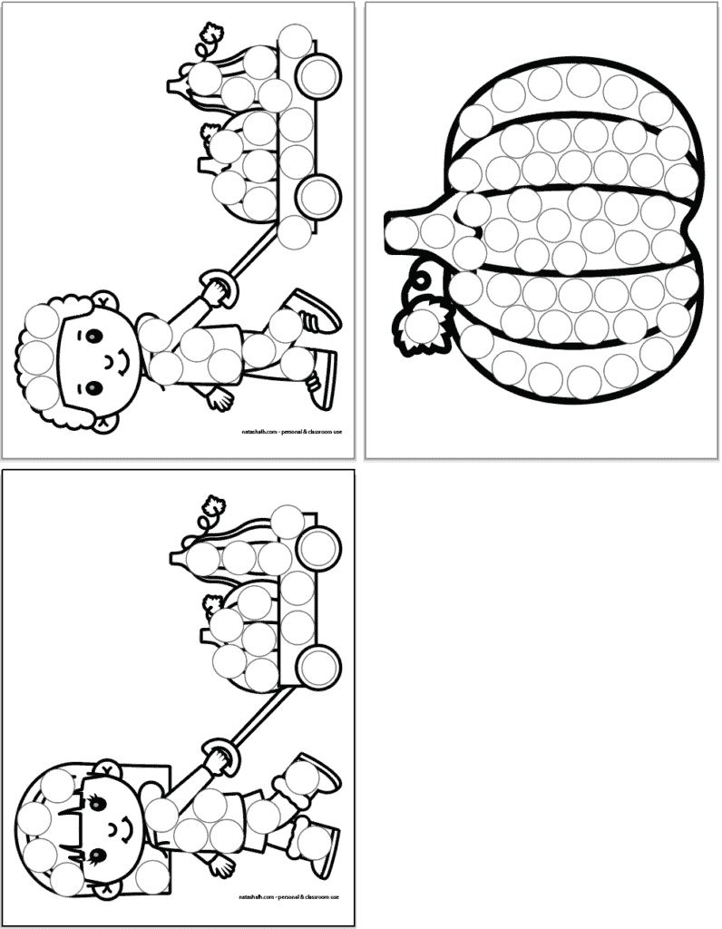 Three pumpkin patch themed dot marker pages including a boy with a wagon, a girl with a wagon, and a pumpkin