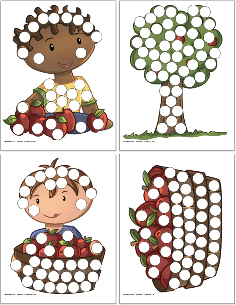 Four printable apple themed dot marker pages: a boy with apples, an apple tree, a boy with a basket of apples, and a basket of apples by itself.