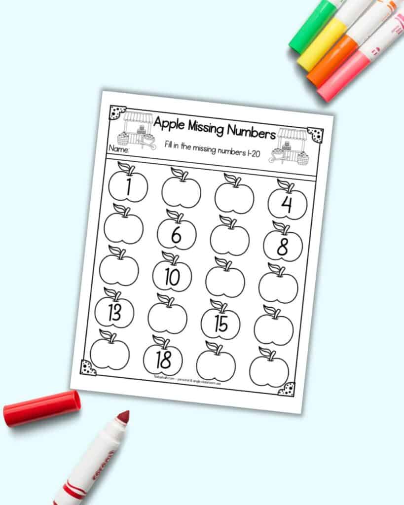 A preview of a fill-in in the missing numbers worksheet with an apple theme and numbers 1-20