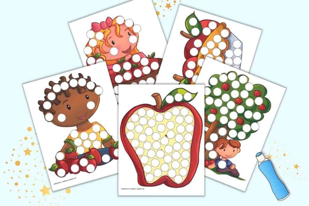 A preview of five printable dot marker pages with an apple orchard/apple picking theme.